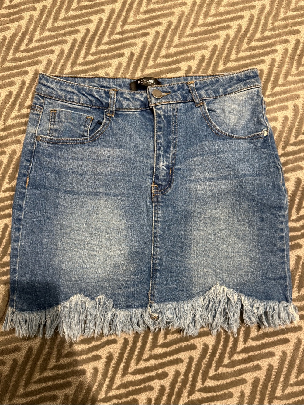 Black Label Light Blue Denim Mini Skirt with Frayed Hem
